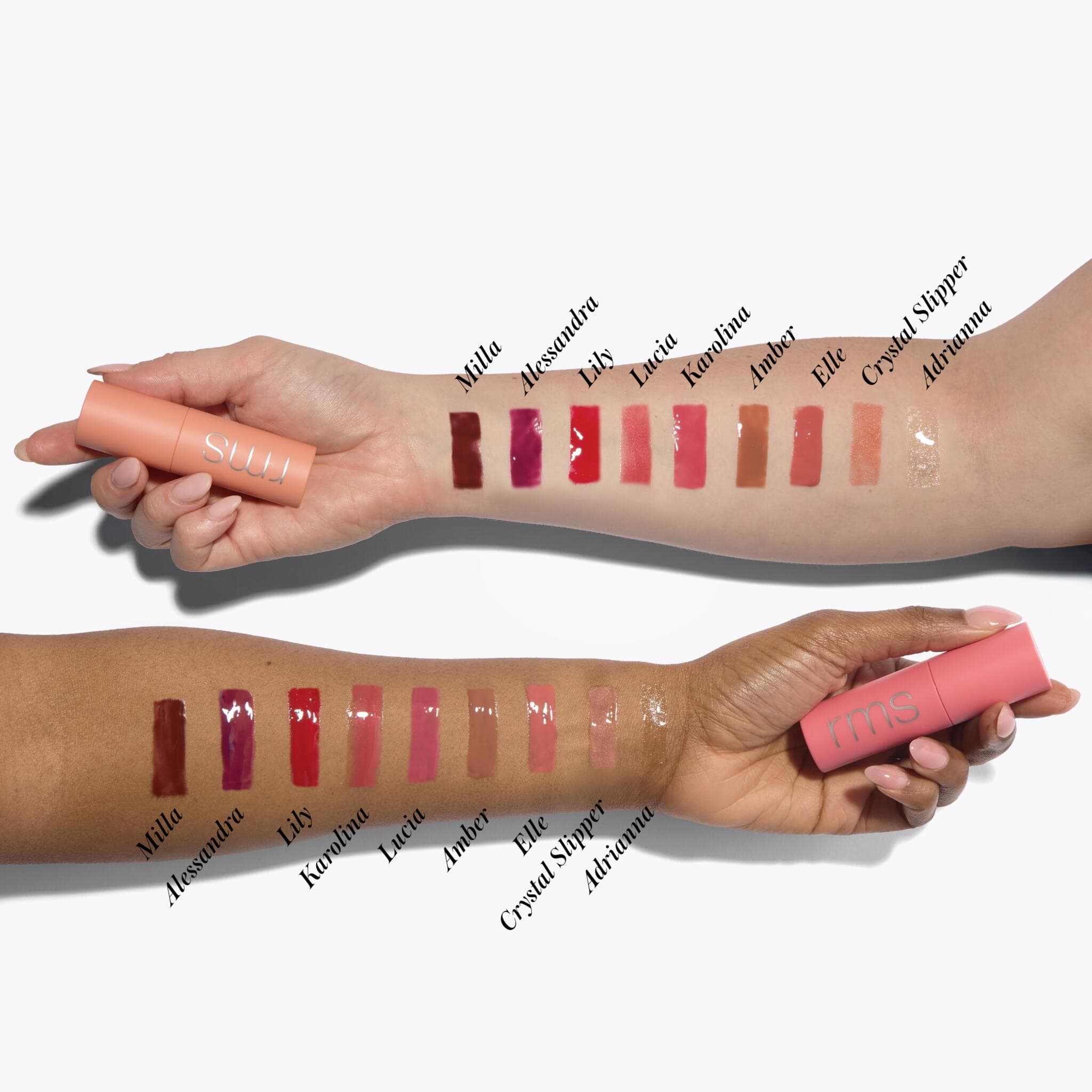 Arm swatches of every rms beauty lip oil shade on two skin tones 4