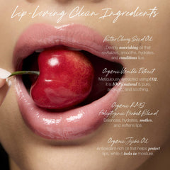 Key ingredients in rms beauty lip oil shown with lips holding a cherry 6