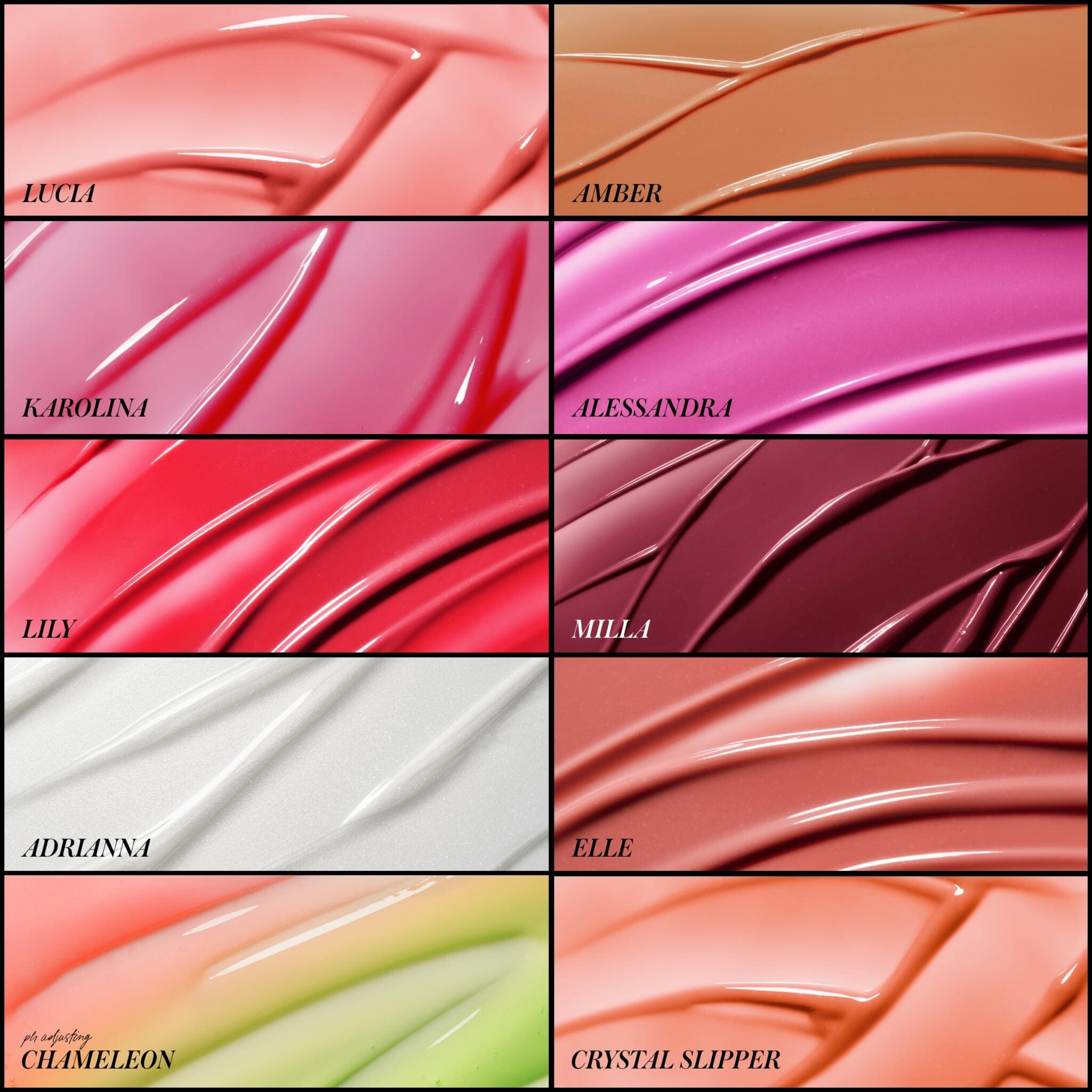 Close up swatches of all rms beauty lip oil shades labeled by name 5