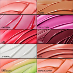 Close up swatches of all rms beauty lip oil shades labeled by name 5