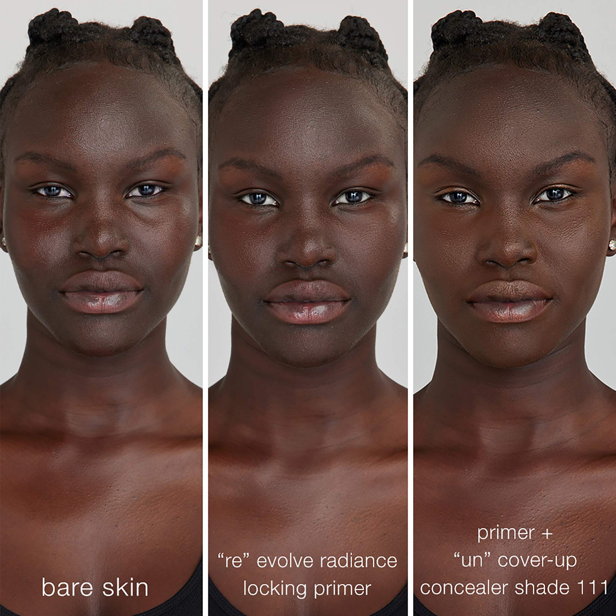 Bare skin compared to primer and concealer application on deep skin
