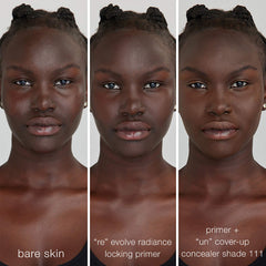 Bare skin compared to primer and concealer application on deep skin