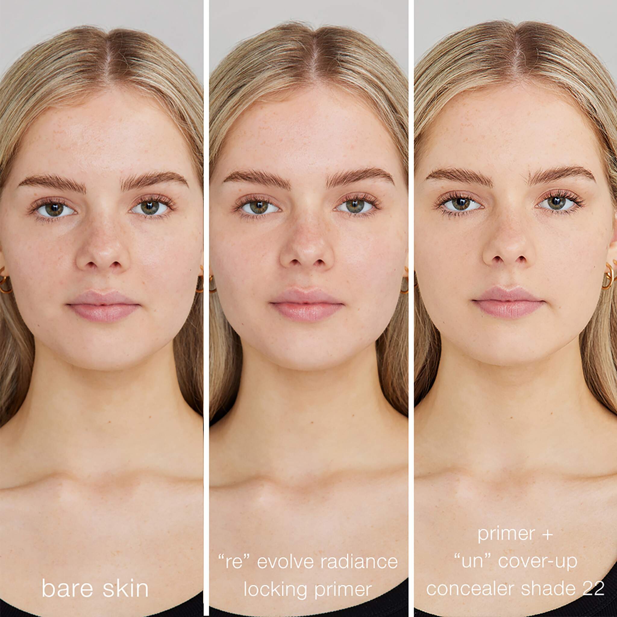 Bare skin compared to primer and concealer application on fair skin