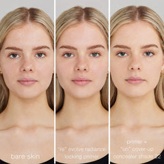 Bare skin compared to primer and concealer application on fair skin