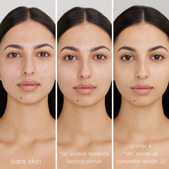 Bare skin compared to primer and concealer application on light skin