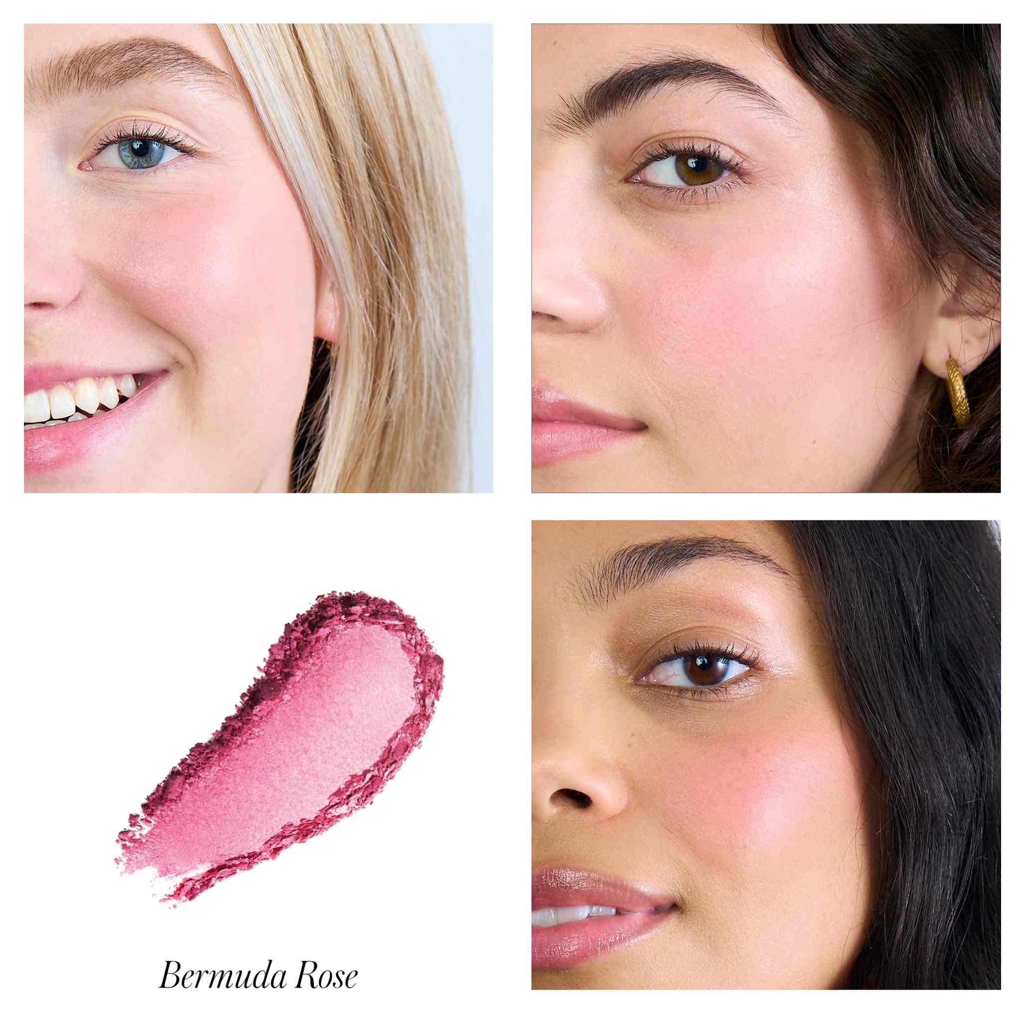 RMS Beauty ReDimension Blush Bermuda Rose swatch and models on three skin tones 2