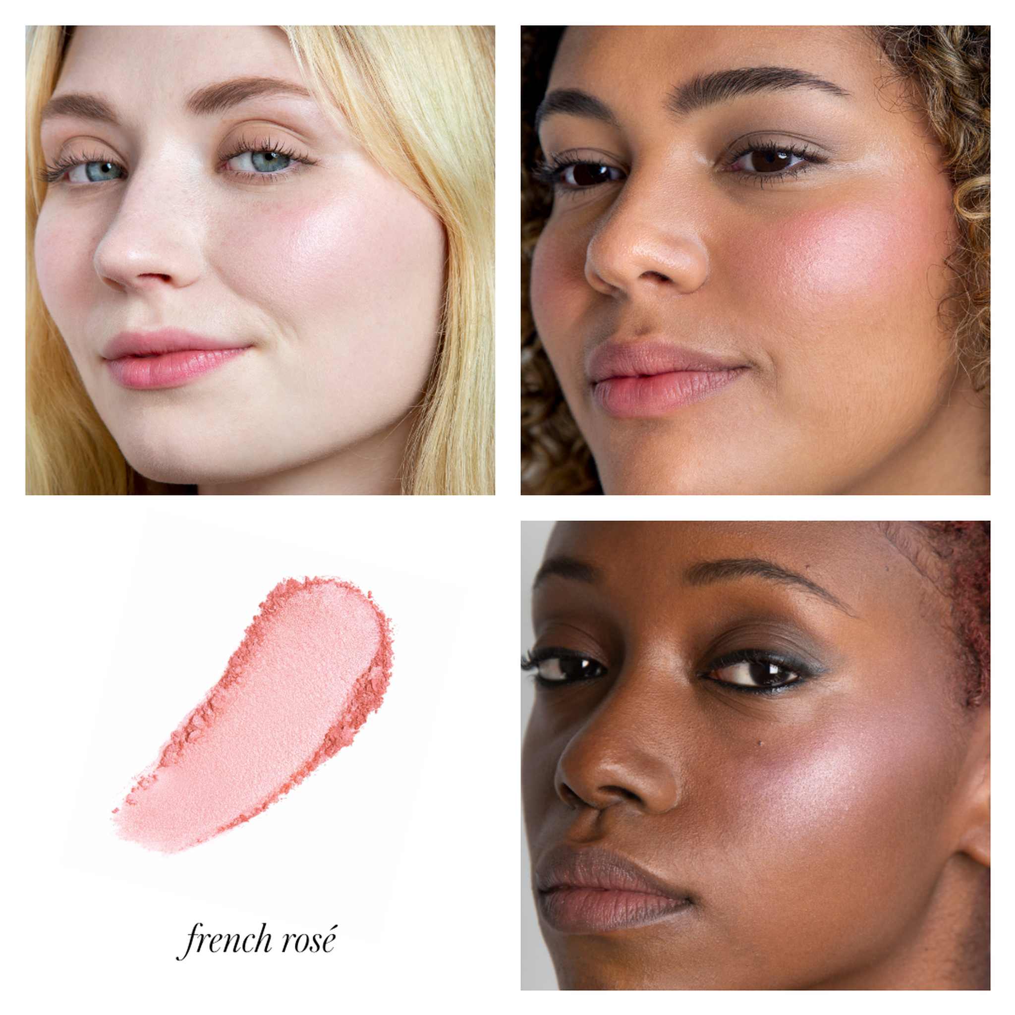 RMS Beauty ReDimension Blush French Rosé swatch and models on three skin tones 2