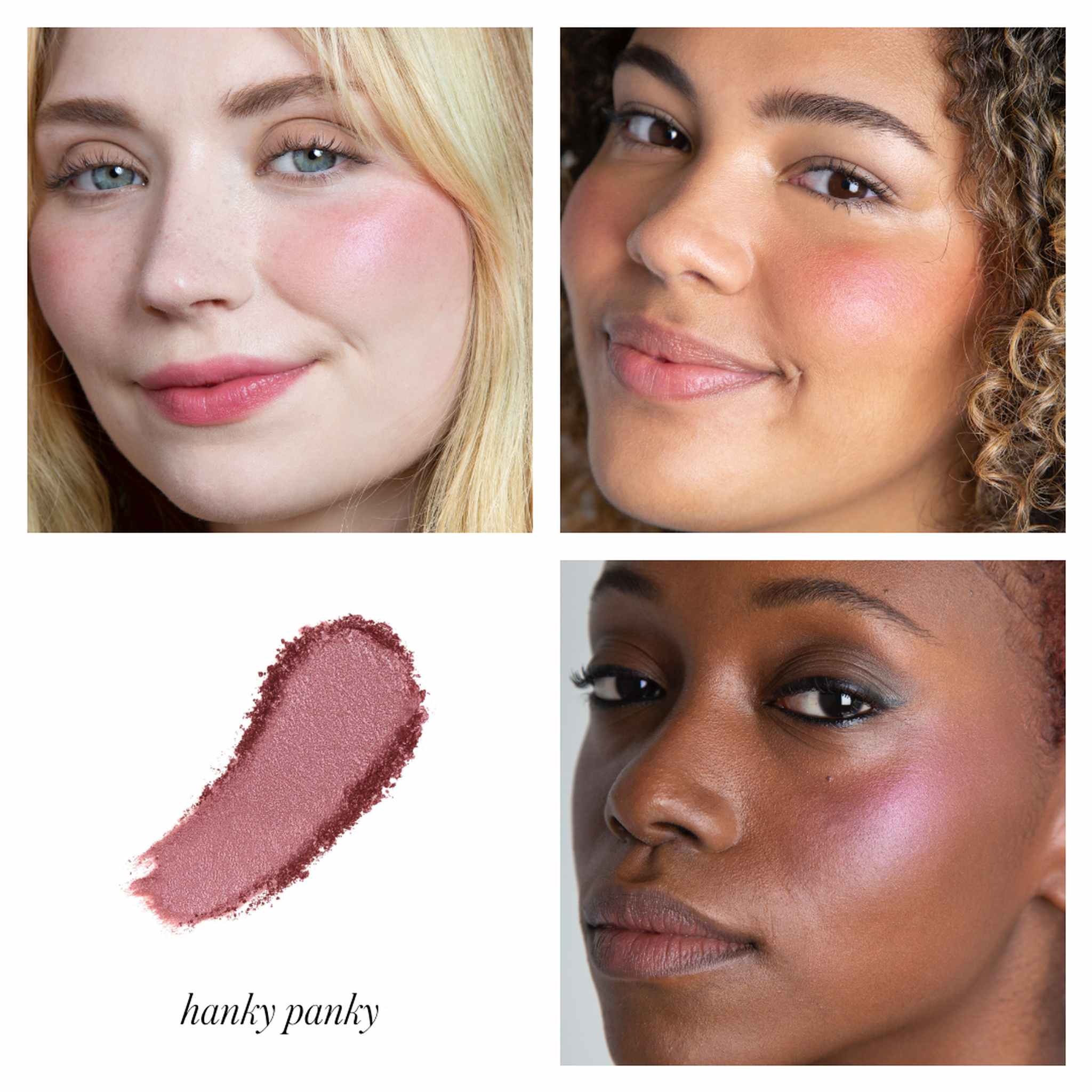 RMS Beauty ReDimension Blush Hanky Panky swatch and models on three skin tones 2