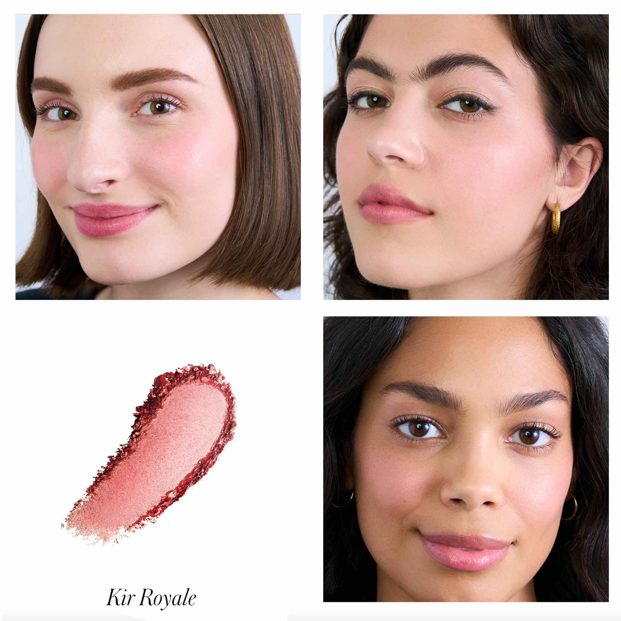 RMS Beauty ReDimension Blush Kir Royale swatch and models on three skin tones 2