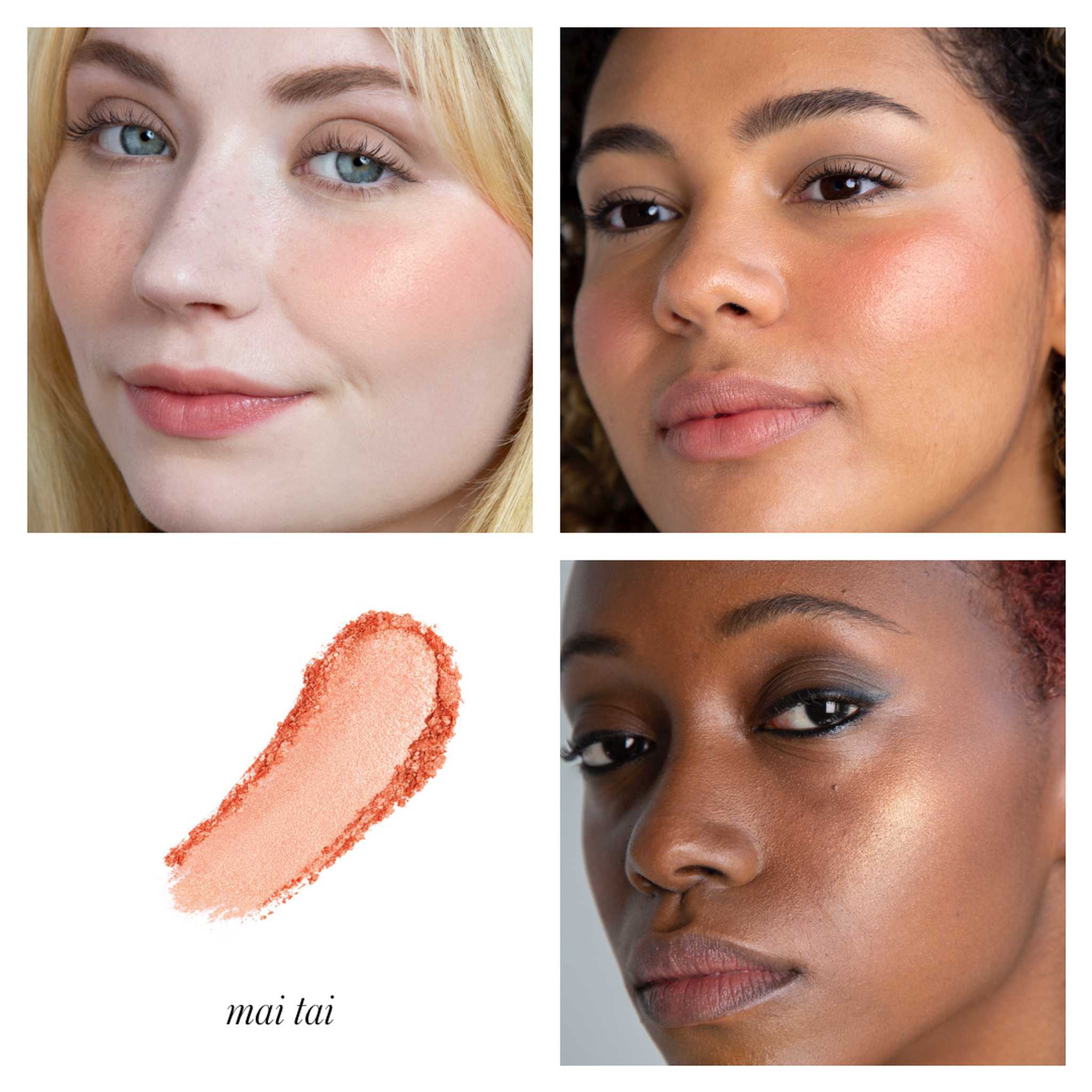 RMS Beauty ReDimension Blush Mai Tai swatch and models on three skin tones 2