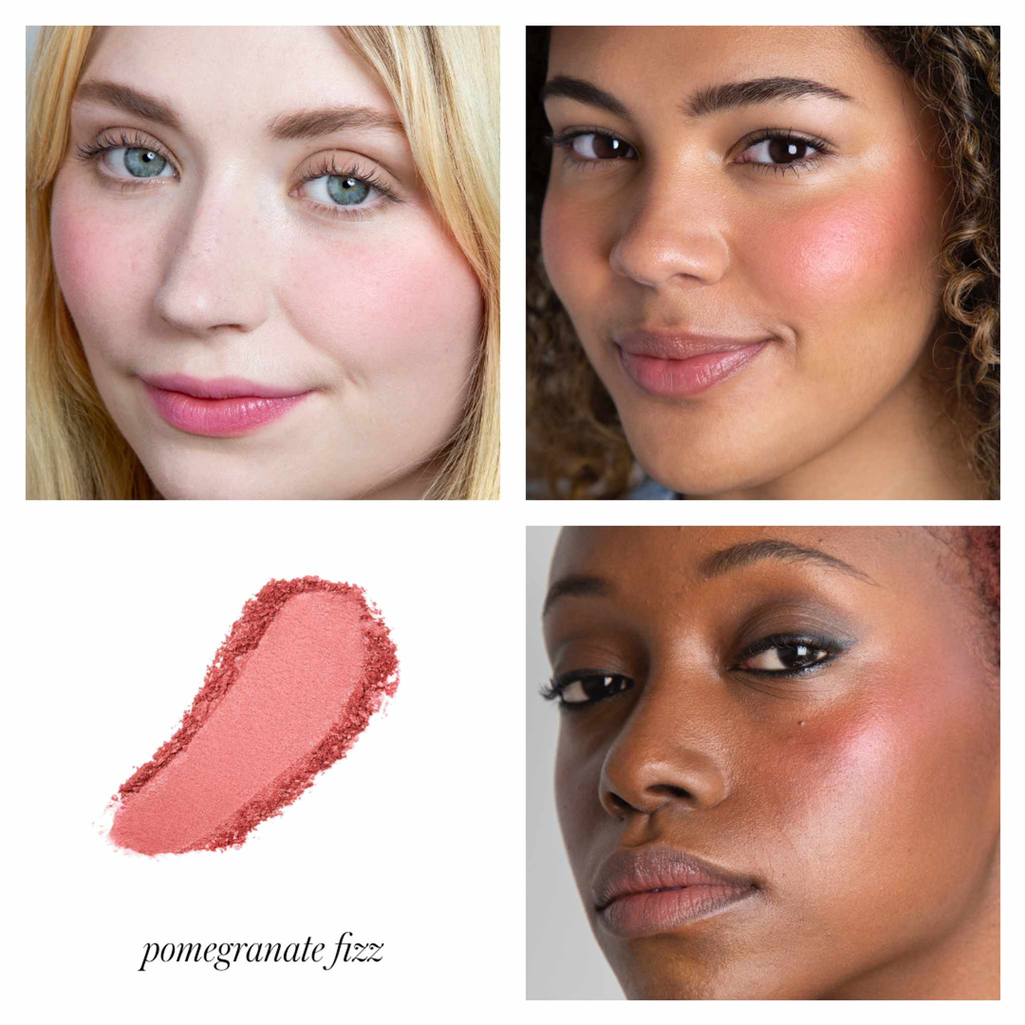 RMS Beauty ReDimension Blush Pomegranate Fizz swatch and models on three skin tones 2