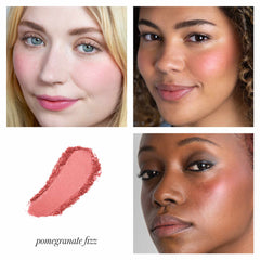 RMS Beauty ReDimension Blush Pomegranate Fizz swatch and models on three skin tones 2