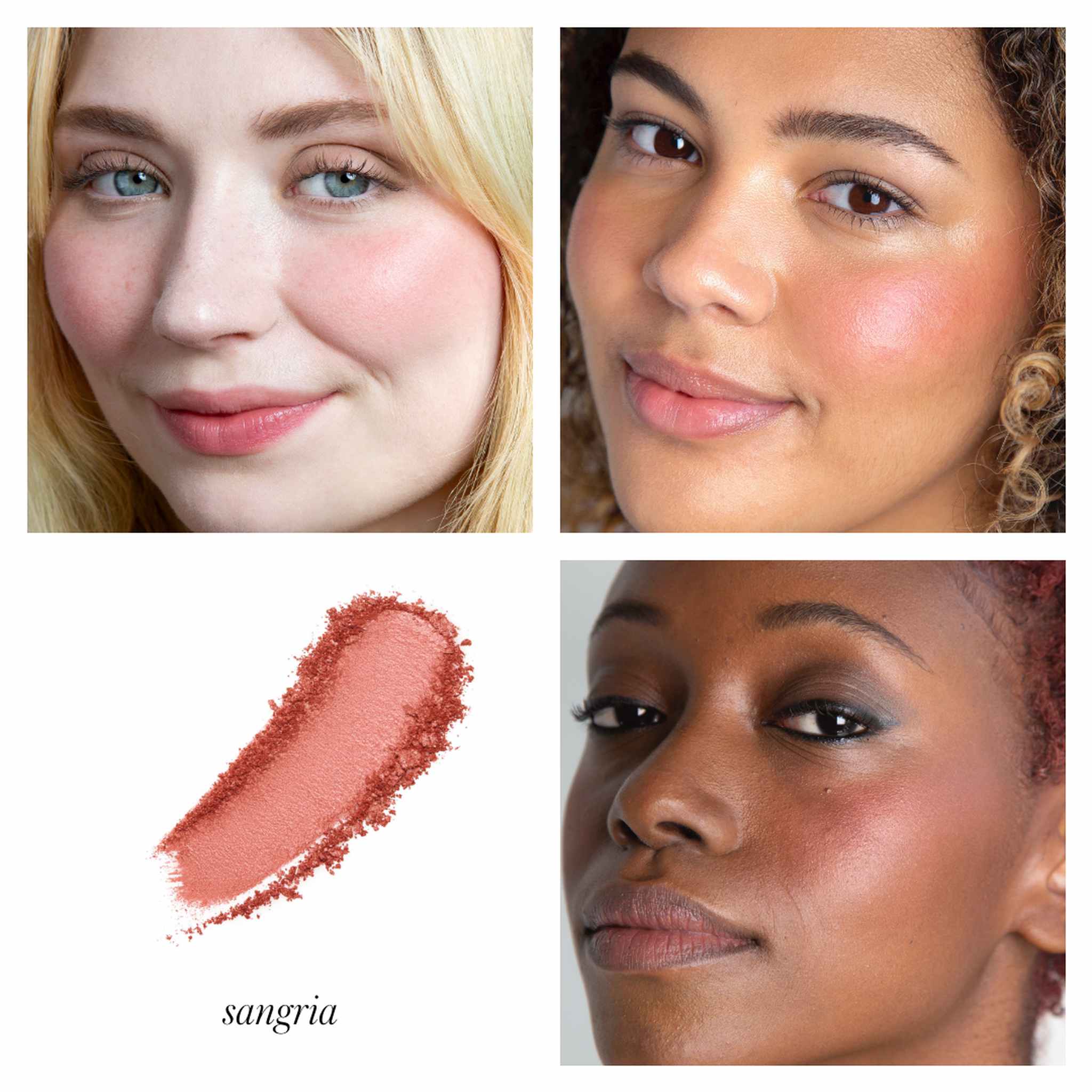 RMS Beauty ReDimension Blush Sangria swatch and models on three skin tones 2