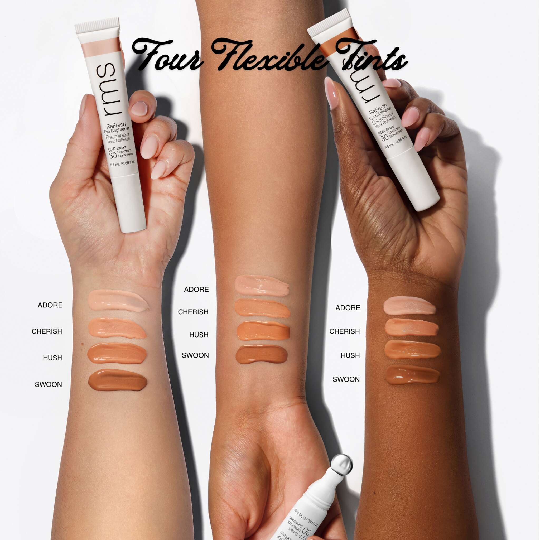 Arm swatches of all four eye brightener shades on three skin tones 8