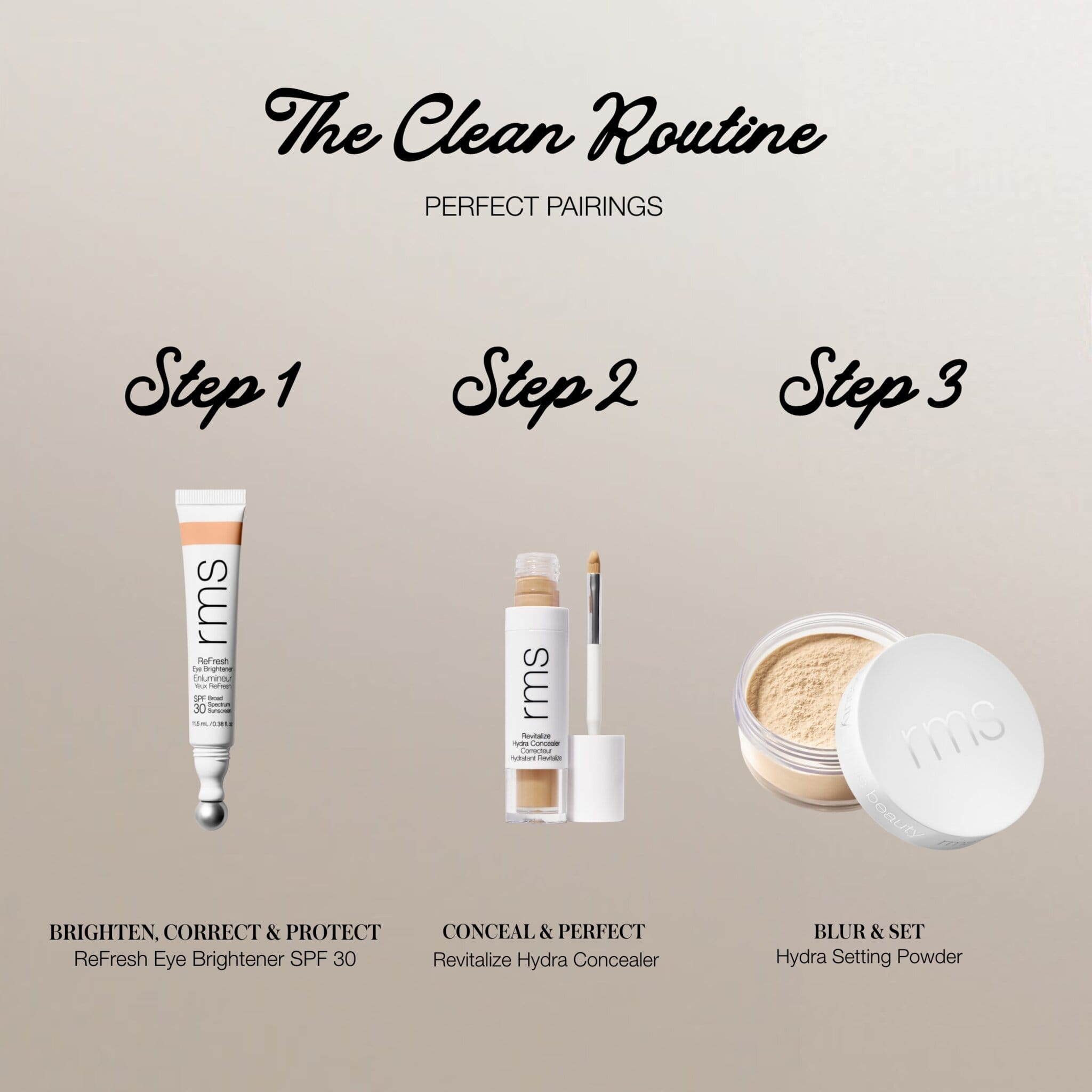 Three step clean routine pairing eye brightener concealer and setting powder 13