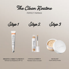 Three step clean routine pairing eye brightener concealer and setting powder 13