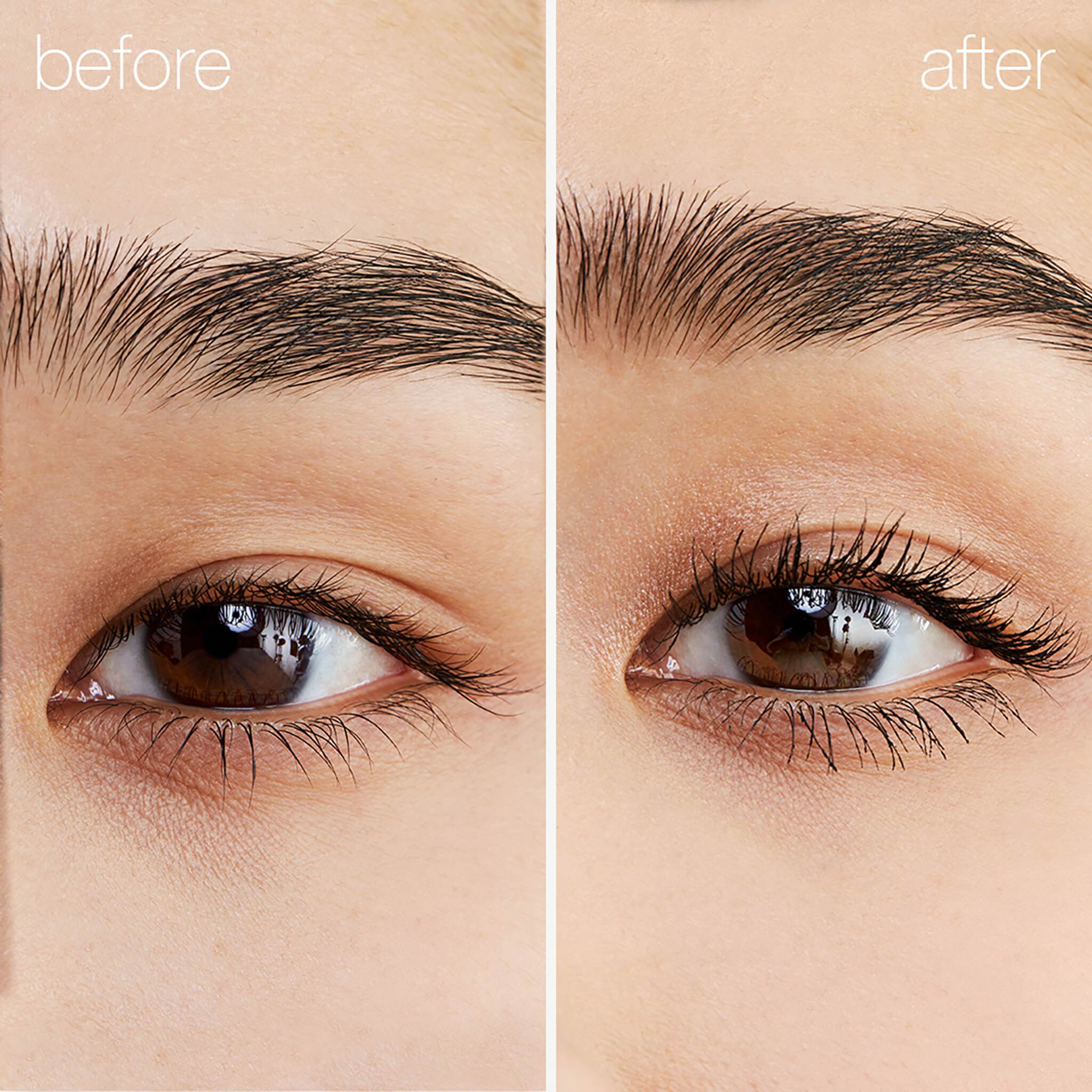 Before and after close up showing lashes with added length and curl