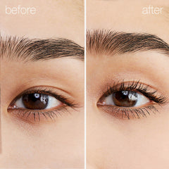 Before and after close up showing lashes with added length and curl