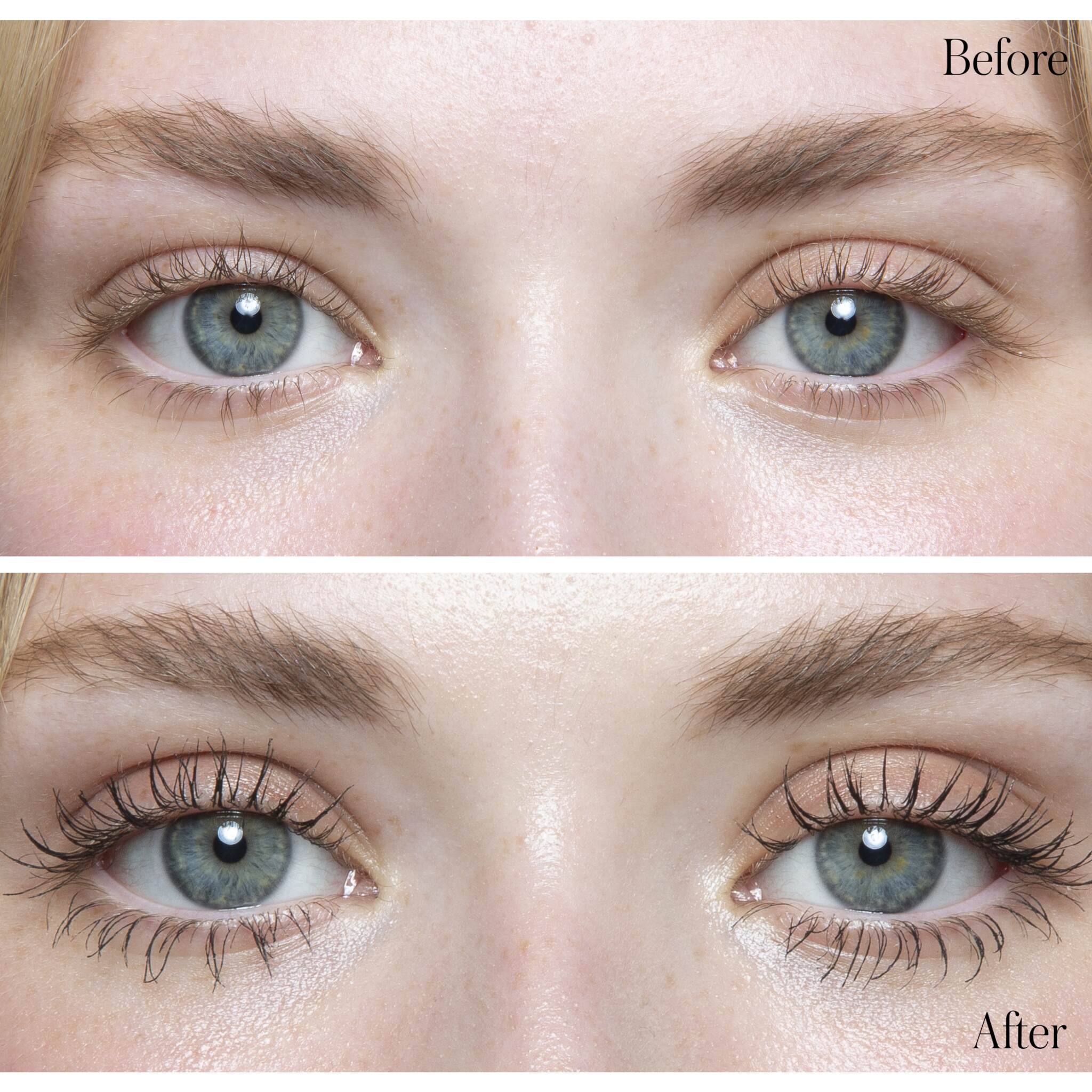 Before and after comparison of both eyes with lifted mascaraed lashes