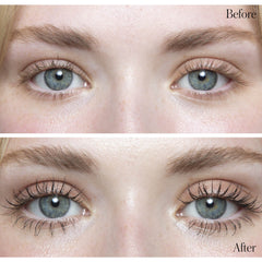 Before and after comparison of both eyes with lifted mascaraed lashes
