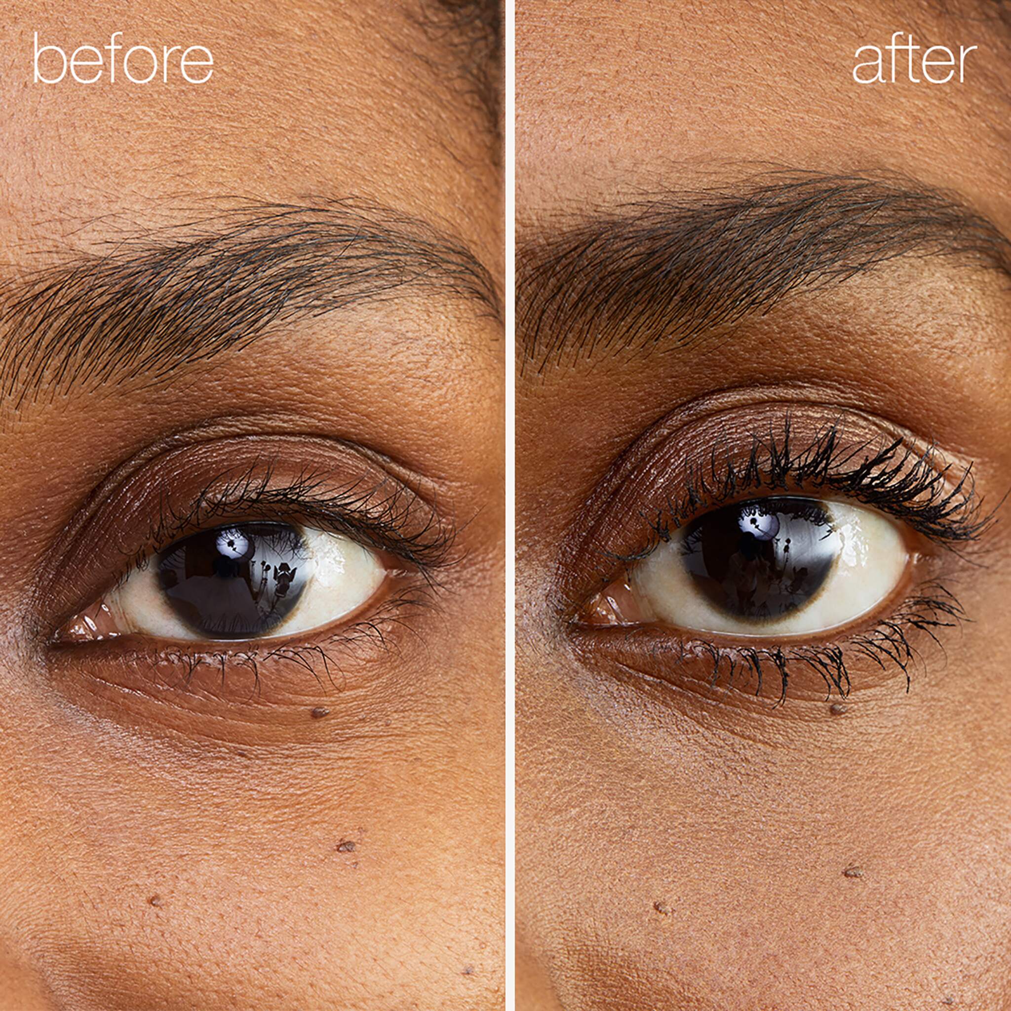 Before and after close up showing lifted volumized lashes