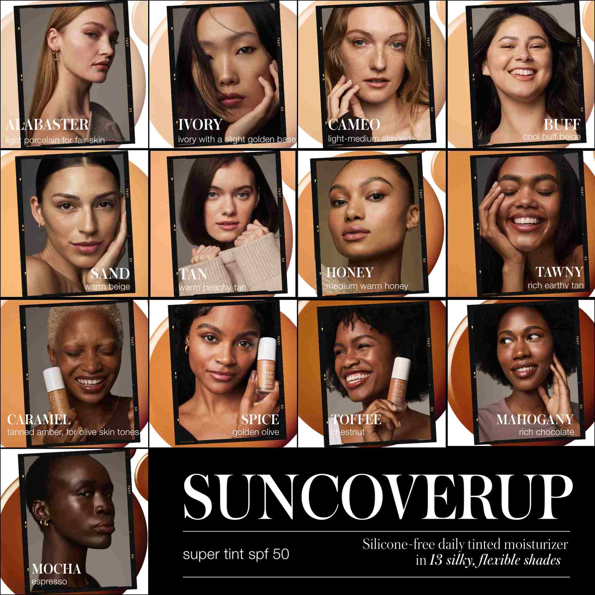 RMS Beauty SunCoverup Super Tint SPF 50 shade finder across thirteen skin tones 4
