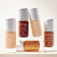 RMS Beauty SunCoverup Super Tint SPF 50 bottles in five shades on display 3