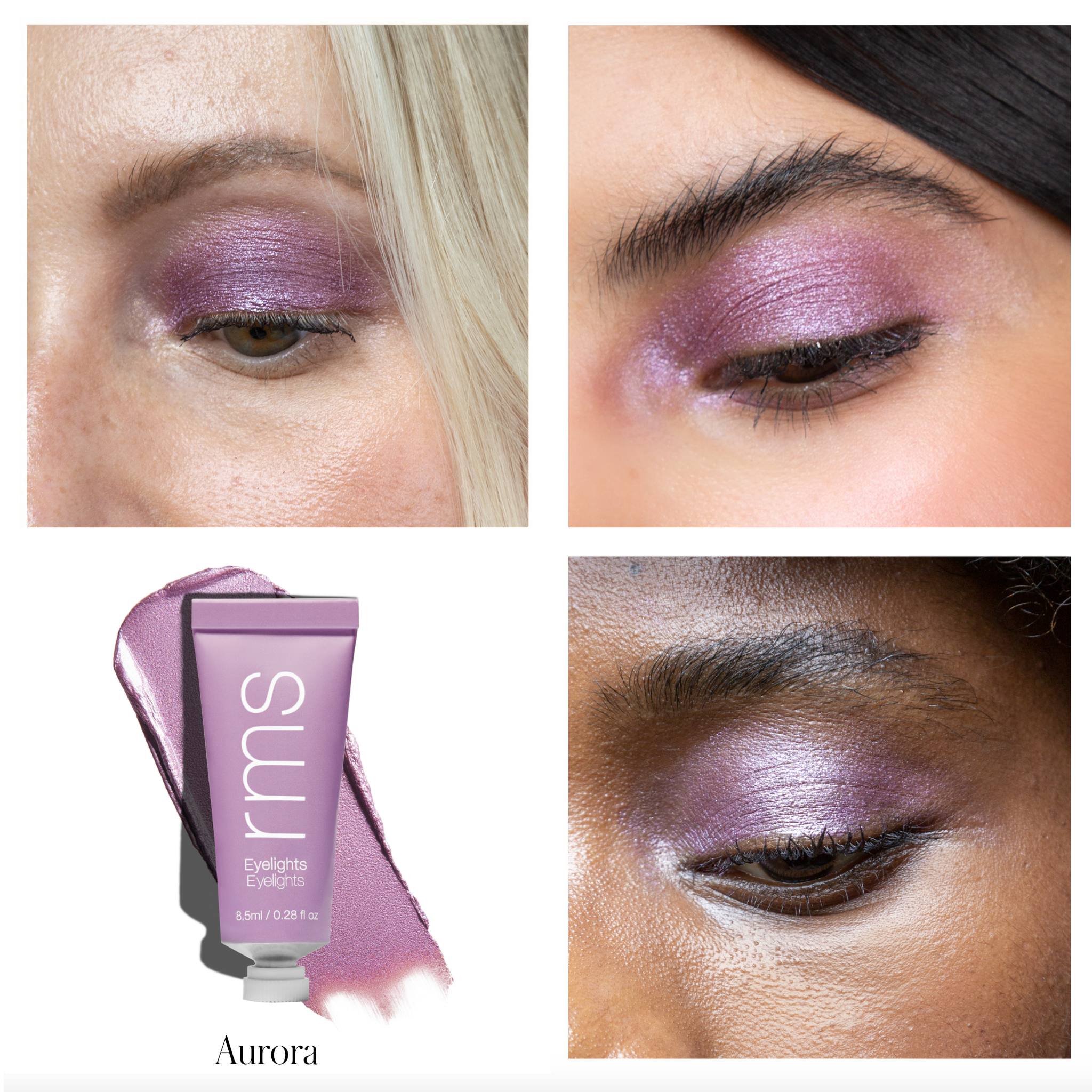 RMS Beauty Eyelights Aurora shade applied on four eyes with product tube and swatch 2