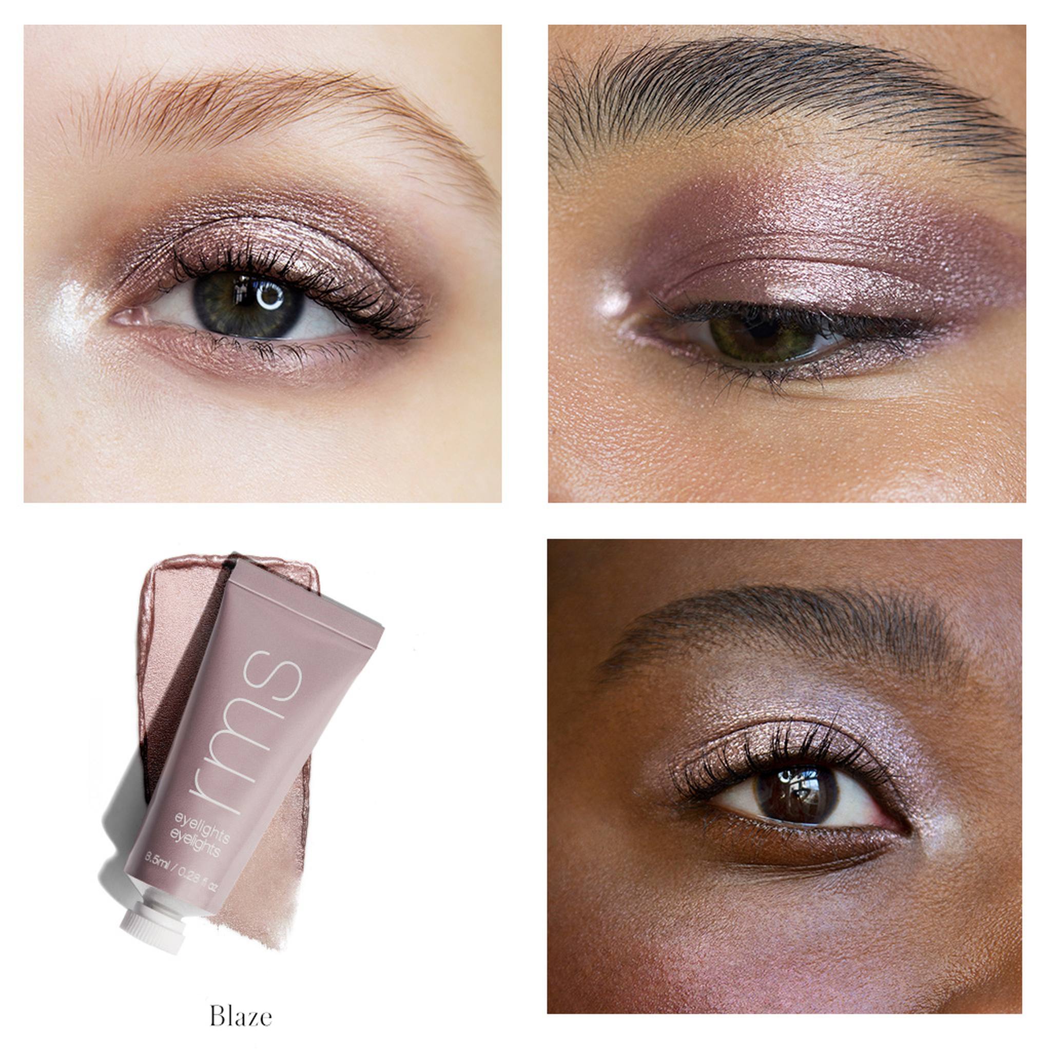 RMS Beauty Eyelights Blaze shade applied on four eyes with product tube and swatch 2