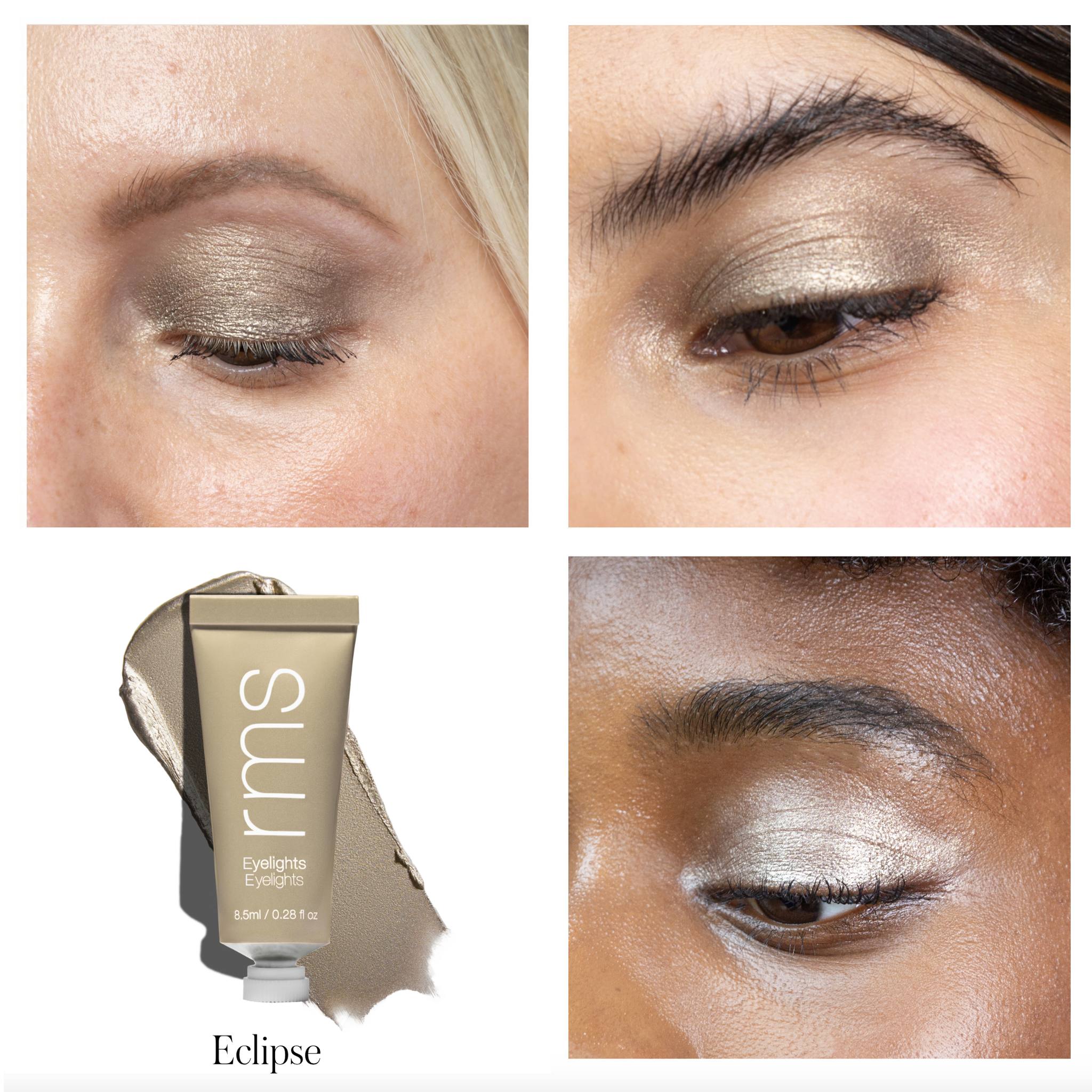 RMS Beauty Eyelights Eclipse shade applied on four eyes with product tube and swatch 2