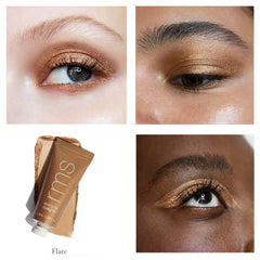 RMS Beauty Eyelights Flare shade applied on four eyes with product tube and swatch 2