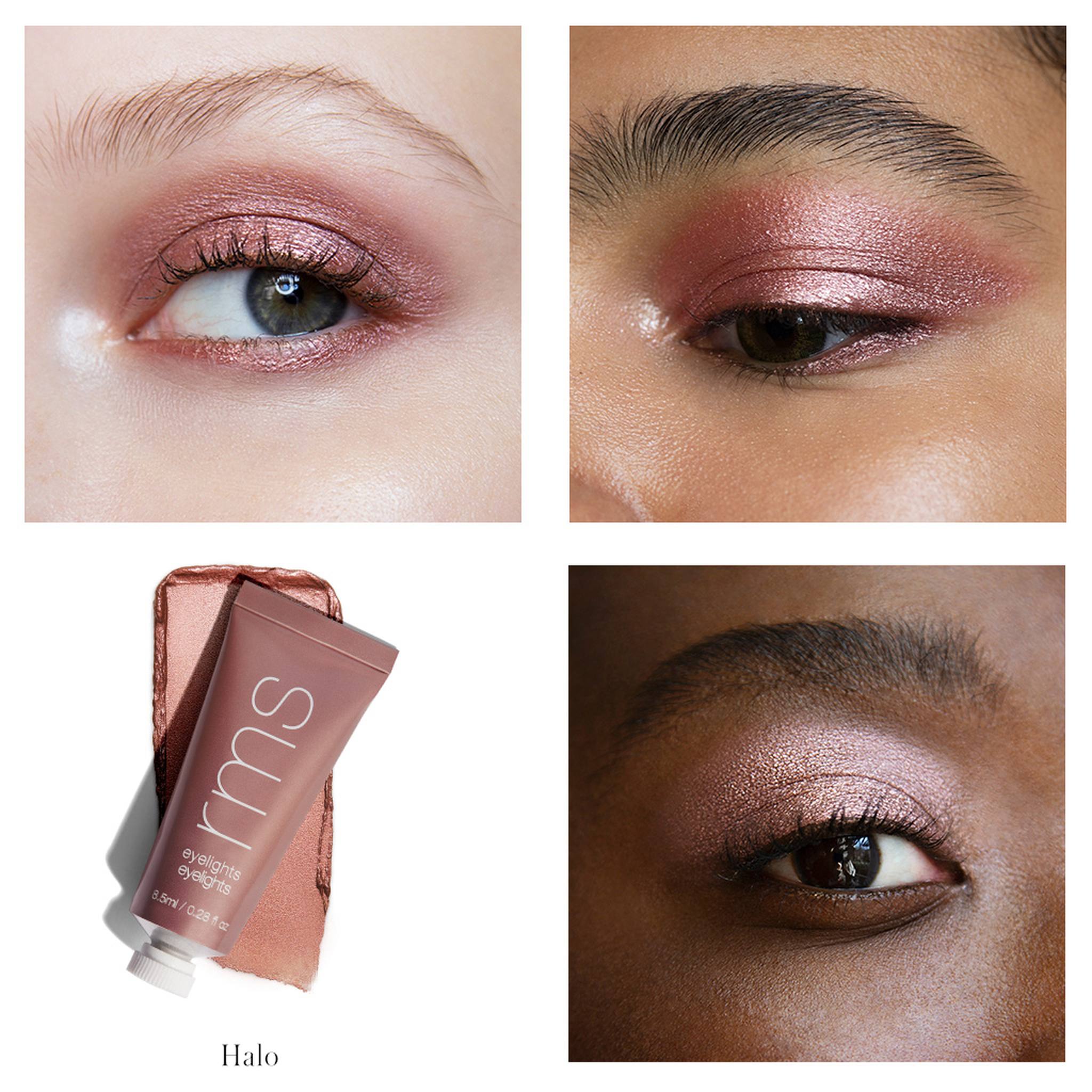 RMS Beauty Eyelights Halo shade applied on four eyes with product tube and swatch 2