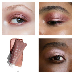 RMS Beauty Eyelights Halo shade applied on four eyes with product tube and swatch 2