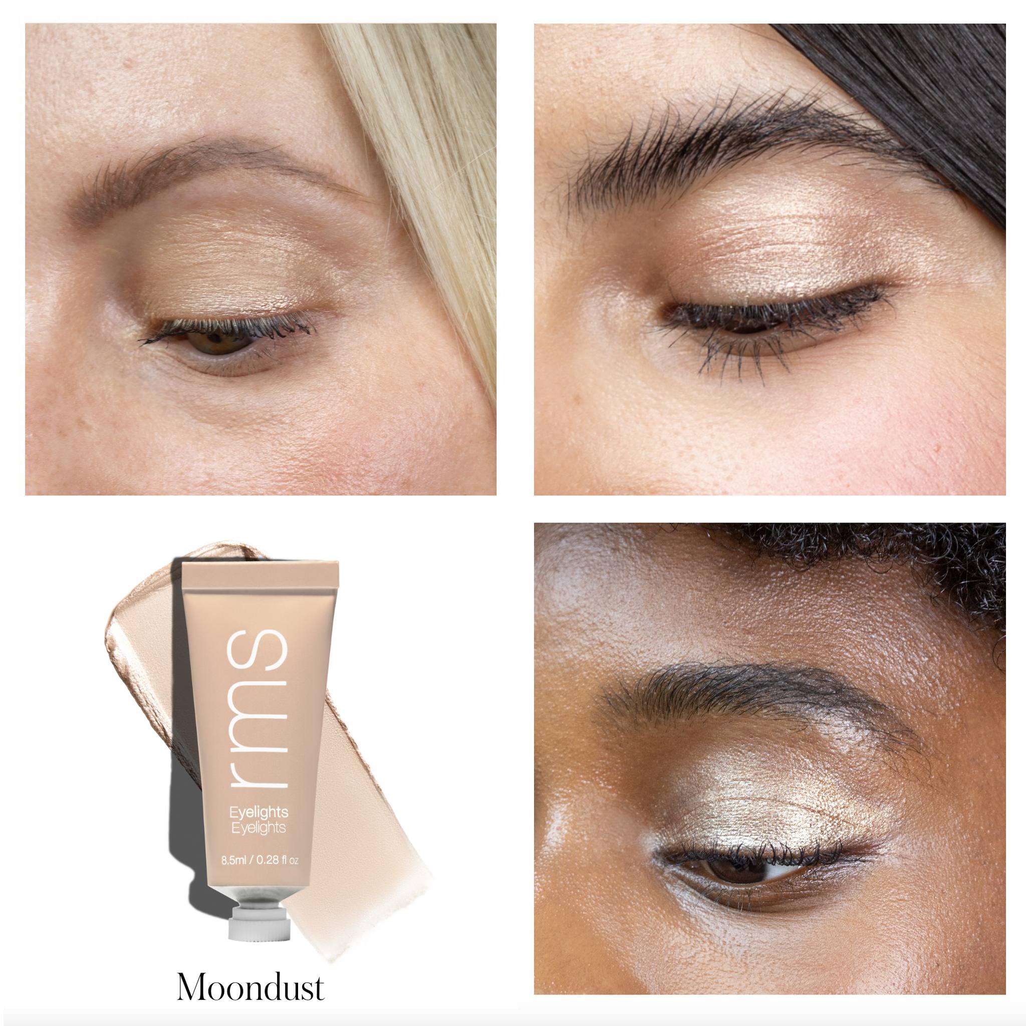 RMS Beauty Eyelights Moondust shade applied on four eyes with product tube and swatch 2
