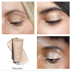 RMS Beauty Eyelights Moondust shade applied on four eyes with product tube and swatch 2
