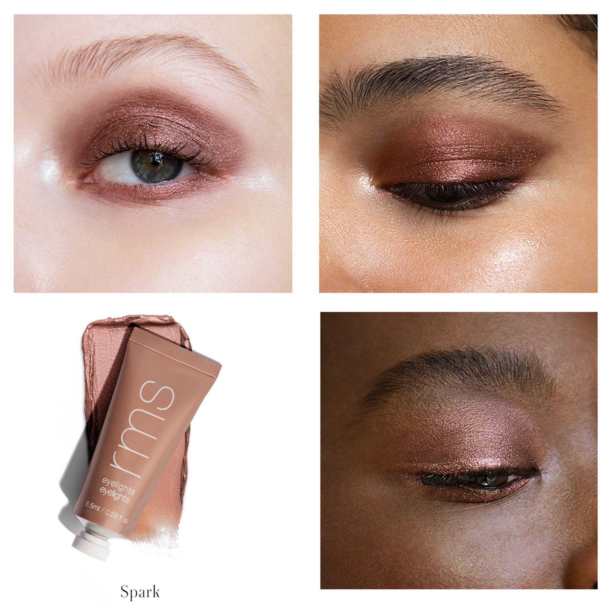 RMS Beauty Eyelights Spark shade applied on four eyes with product tube and swatch 2