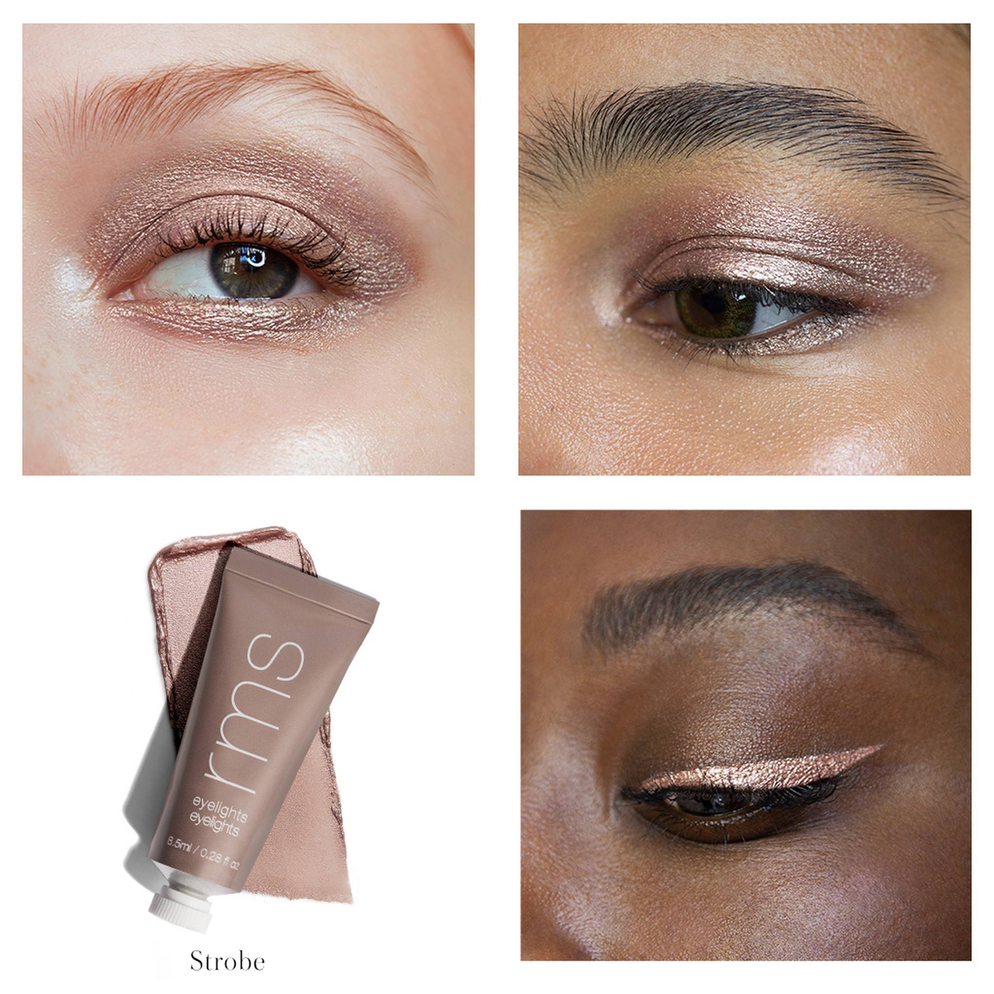 RMS Beauty Eyelights Strobe shade applied on four eyes with product tube and swatch 2