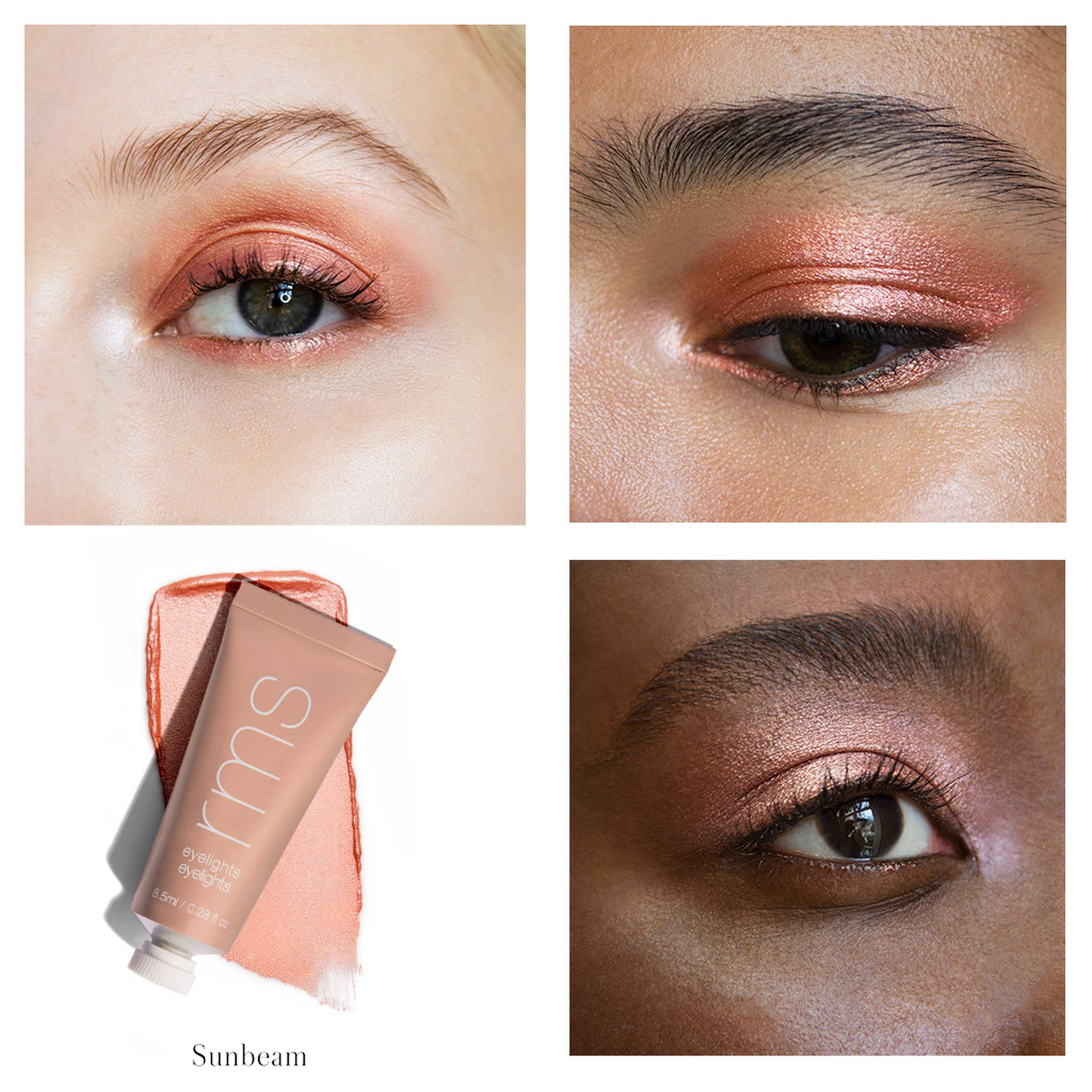 RMS Beauty Eyelights Sunbeam shade applied on four eyes with product tube and swatch 2