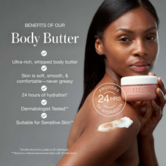 Model holding Kakadu Body Butter jar with 24 hours of hydration claim
