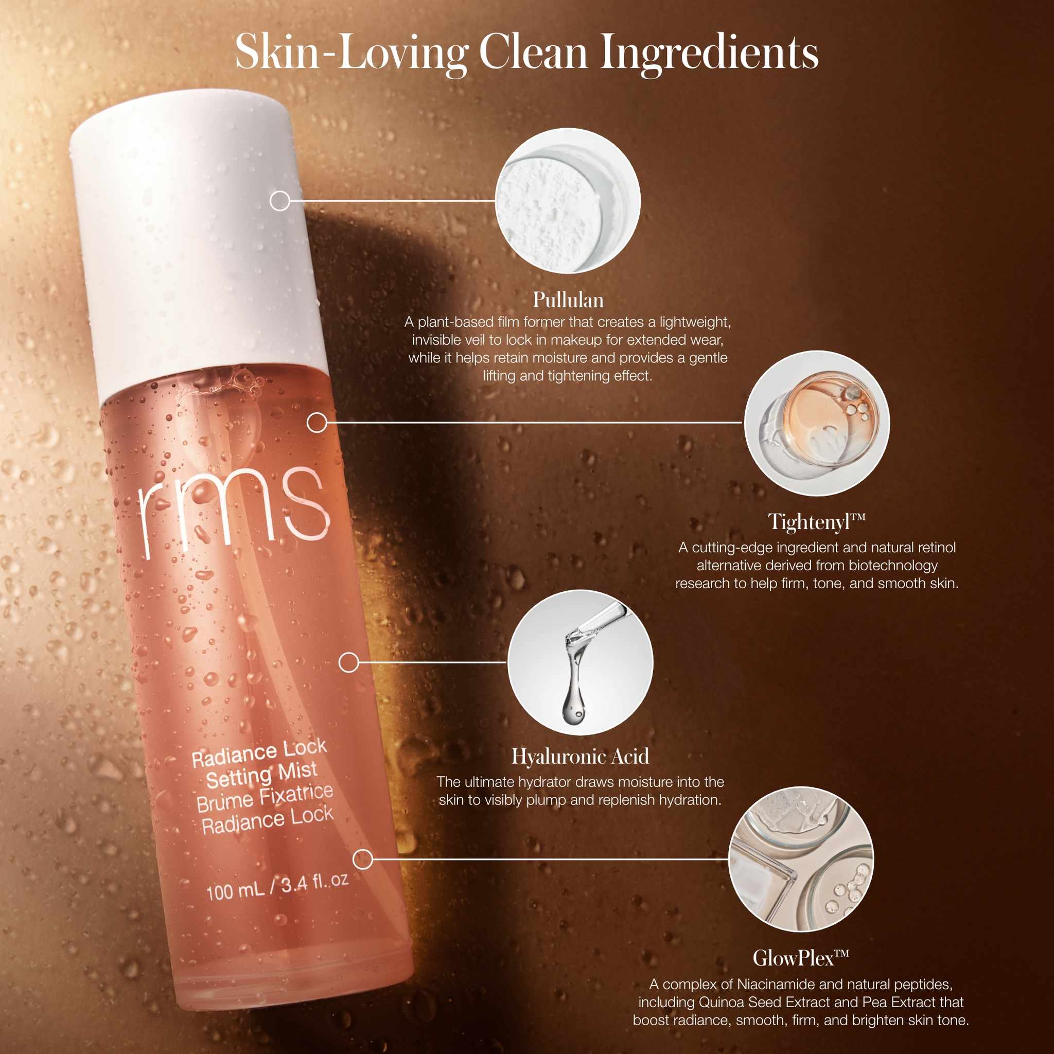 Radiance Lock Setting Mist bottle highlighting pullulan hyaluronic acid and GlowPlex ingredients