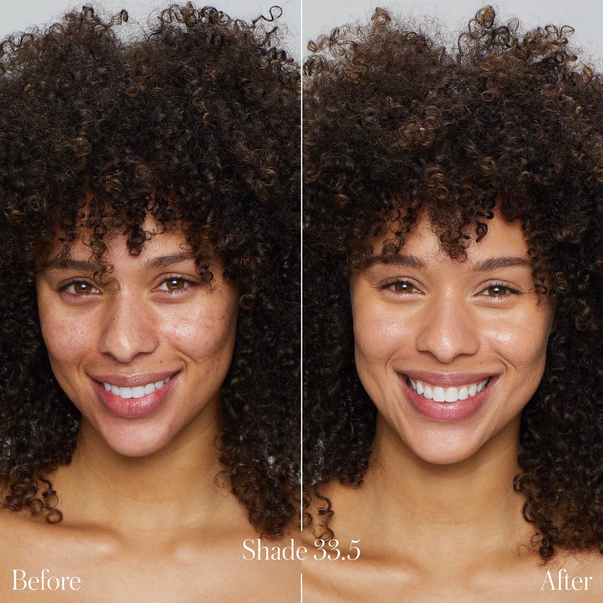 Before and after using Un Cover-Up Concealer in shade 33.5 on curly haired model 3