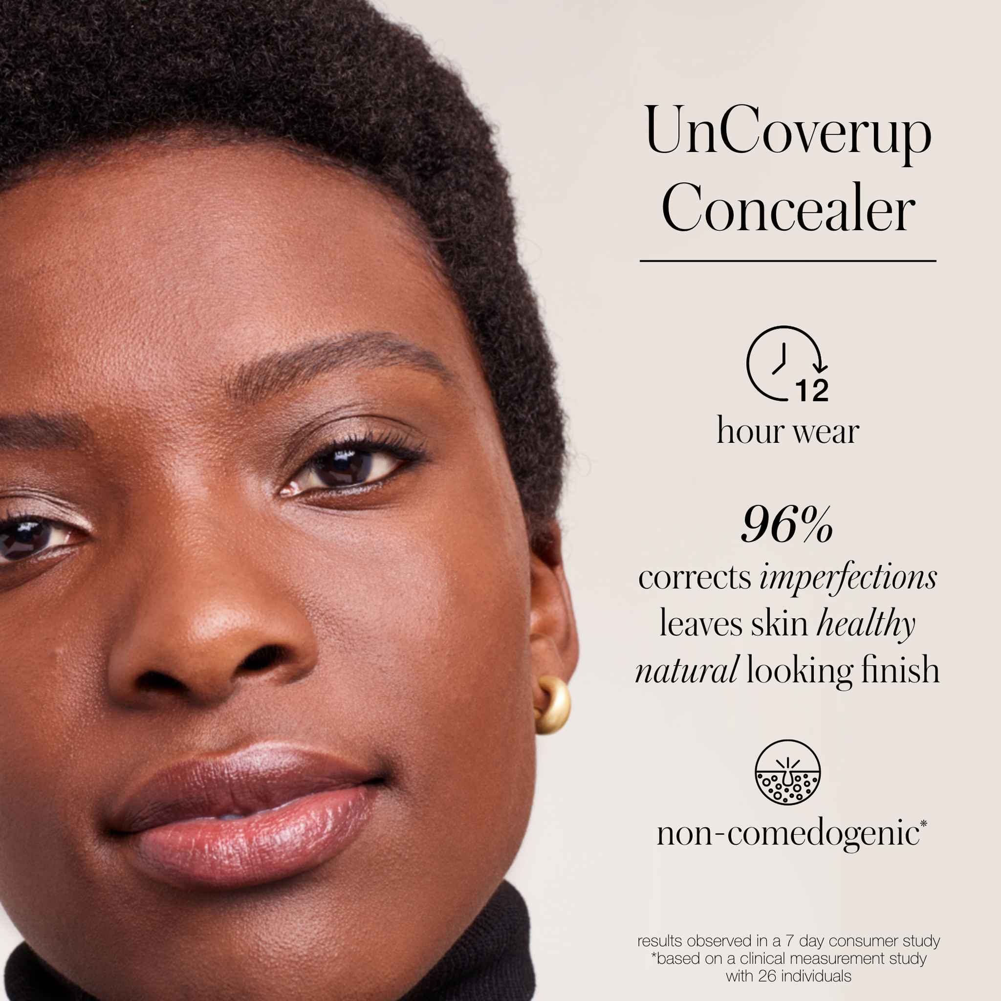 Model with Un Cover-Up Concealer claims 12 hour wear and non-comedogenic formula 6