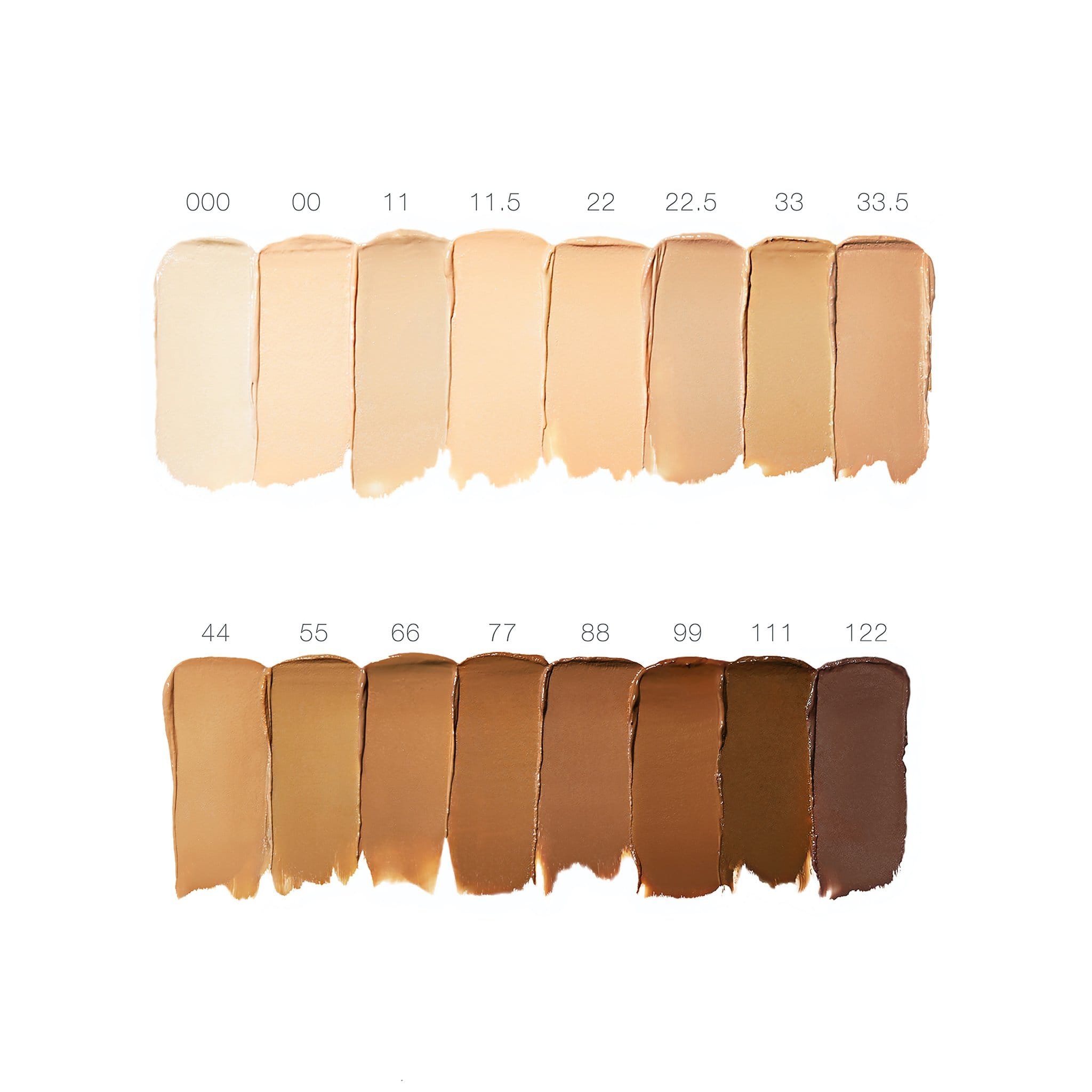 Un Cover-Up Concealer texture swatches across all sixteen shades from 000 to 122 4