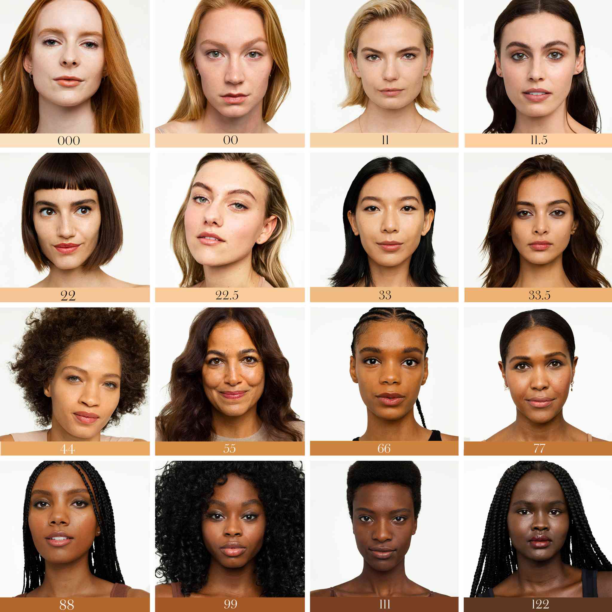 Sixteen models showing the full Un Cover-Up Concealer shade range from 000 to 122 5