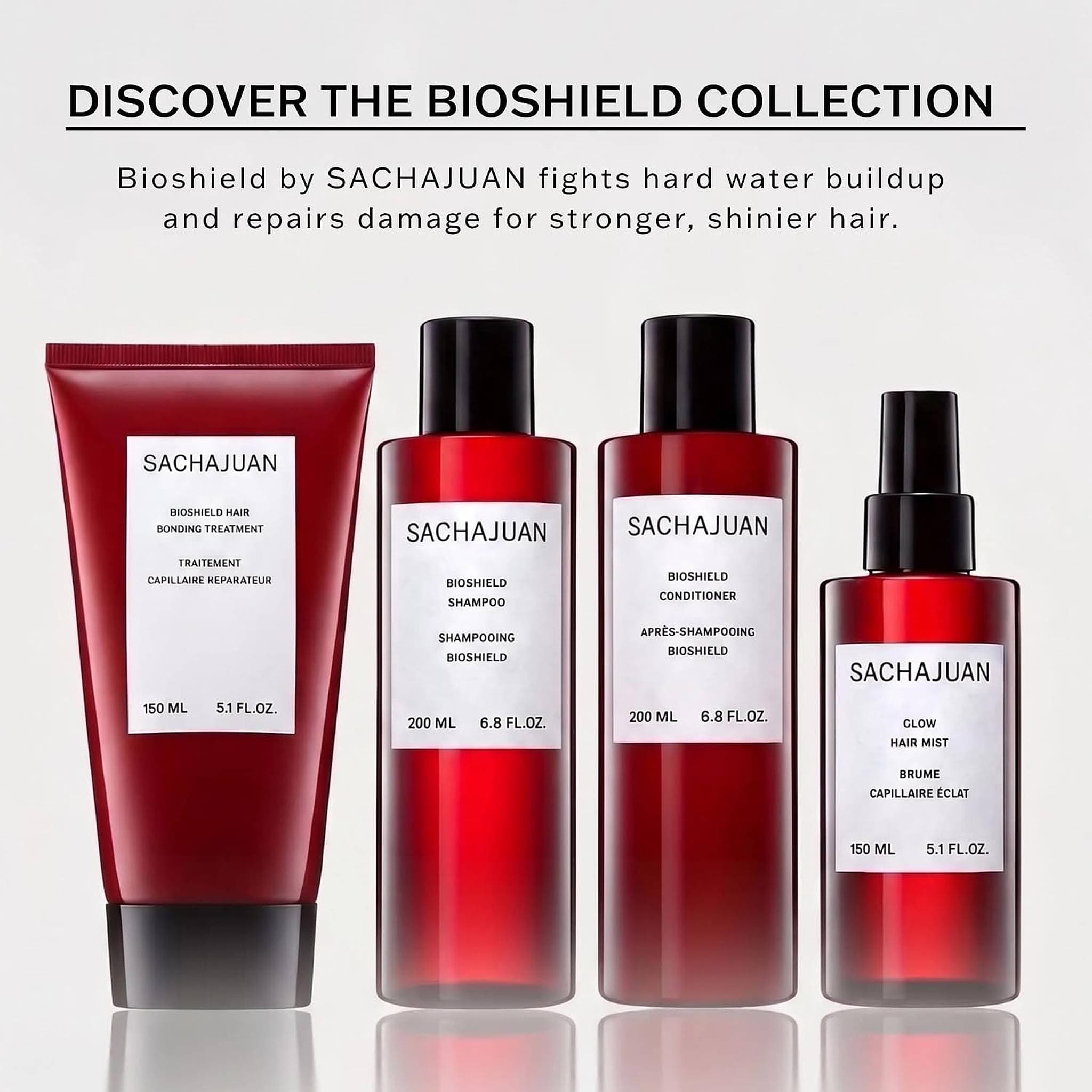 SACHAJUAN Bioshield collection featuring Glow Hair Mist with shampoo conditioner and bonding treatment