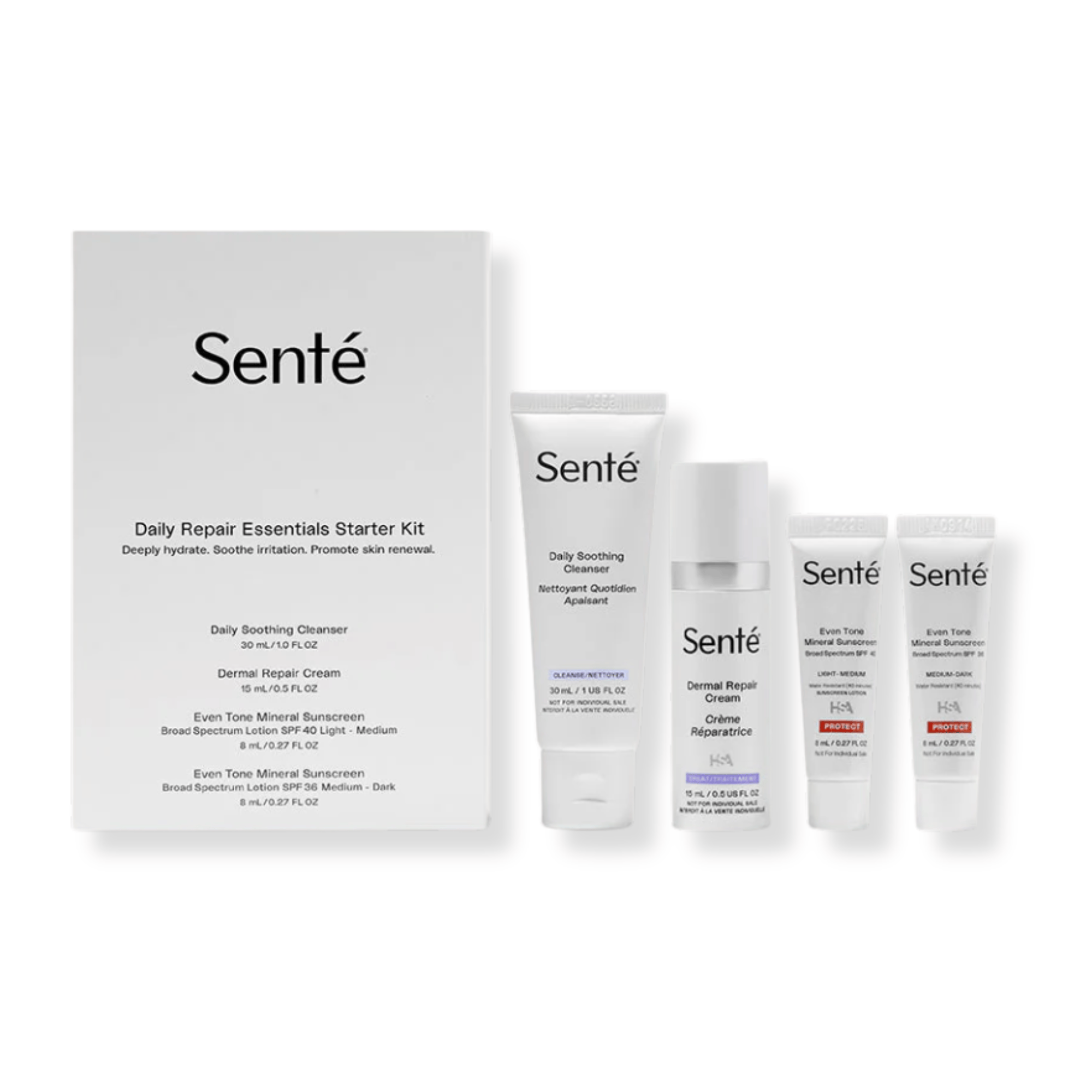 Senté Daily Repair Essentials Starter Kit with Daily Soothing Cleanser Dermal Repair Cream and Even Tone Mineral Sunscreen SPF 40 and SPF 36