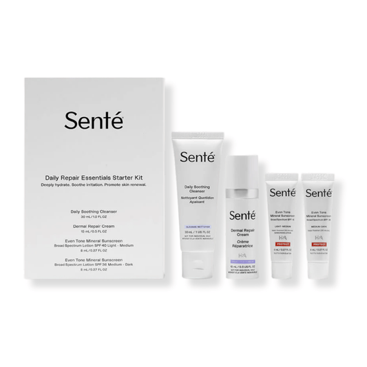 Senté Daily Repair Essentials Starter Kit with Daily Soothing Cleanser Dermal Repair Cream and Even Tone Mineral Sunscreen SPF 40 and SPF 36