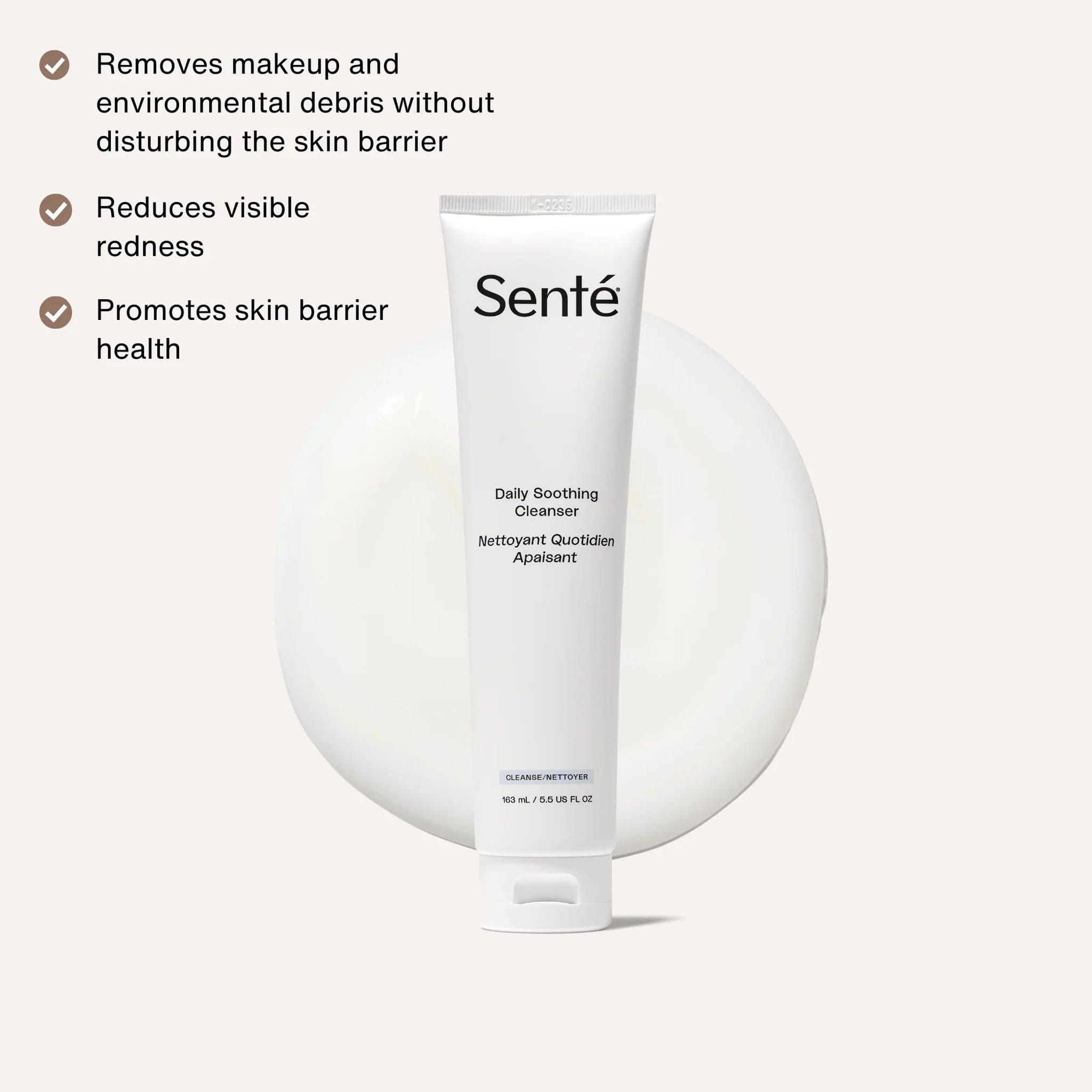 Senté Daily Soothing Cleanser benefits including removing makeup reducing redness and promoting skin barrier health