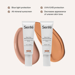 Senté Even Tone Mineral Sunscreen SPF 40 Light-Medium and SPF 36 Medium-Dark broad spectrum UVA UVB blue light protection 50ml