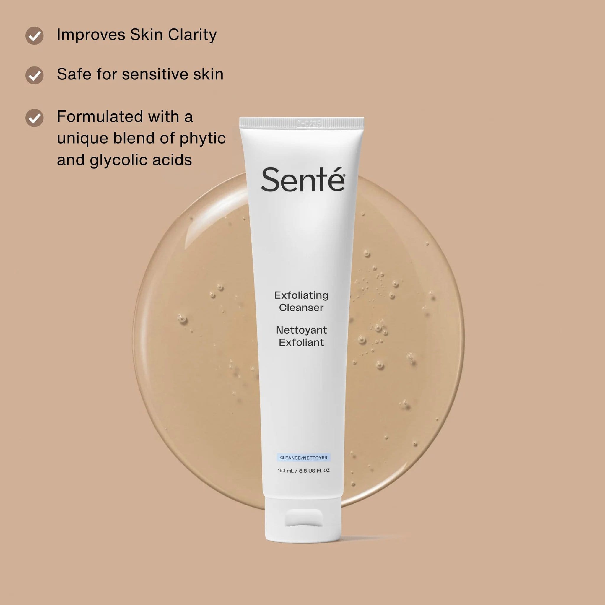 Senté Exfoliating Cleanser with phytic and glycolic acids improves skin clarity and is safe for sensitive skin